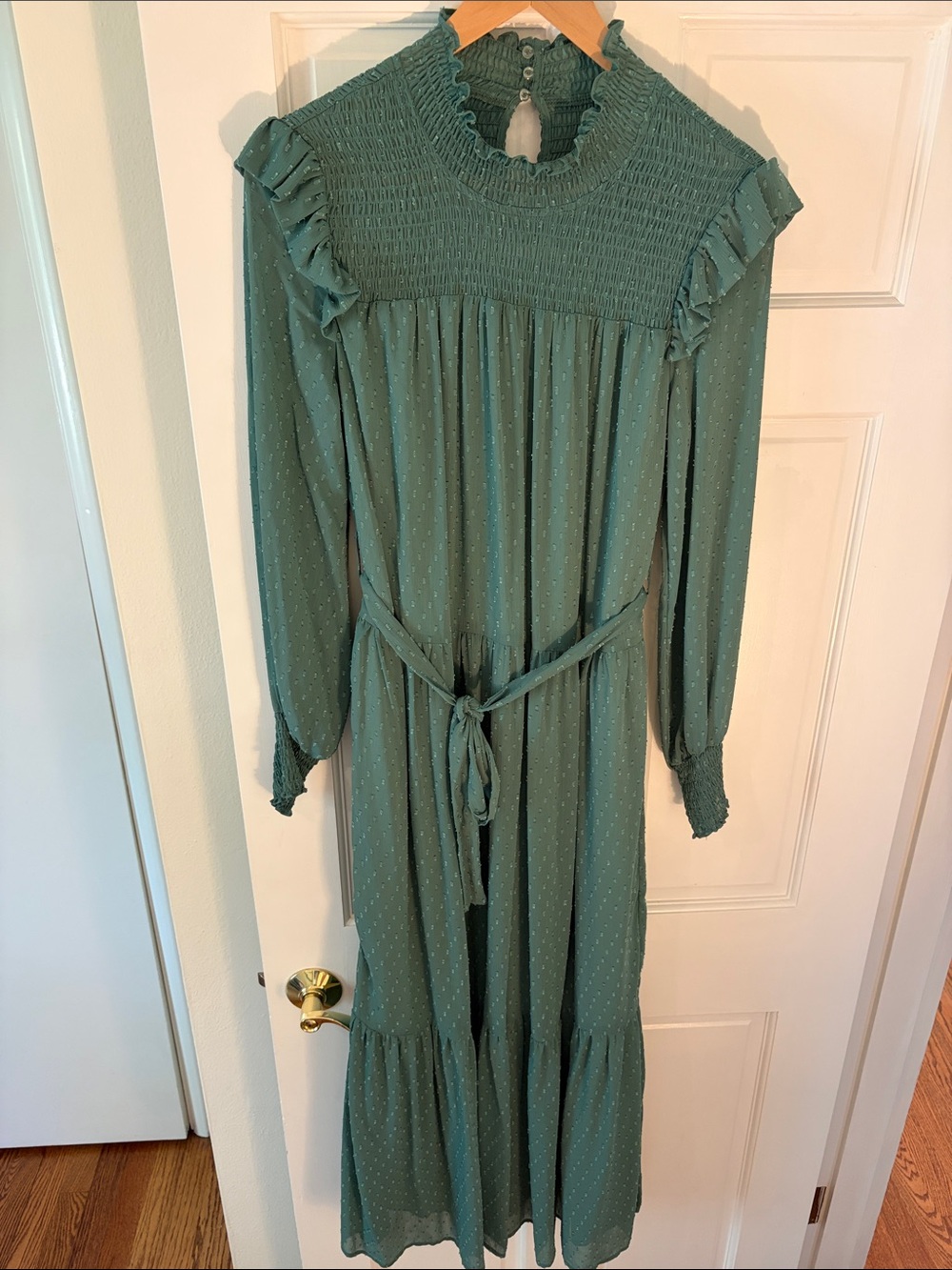 English Factory Sage Green Long Sleeve Maxi Dress with Smocked Yoke